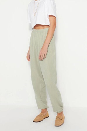 Kadın Yeni Moda Lastikli Paça Uzun Boy Dokuma Jogger Muslin Pantolon