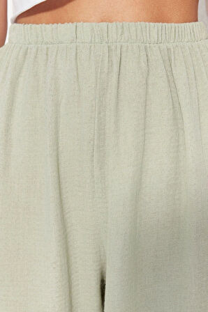 Kadın Yeni Moda Lastikli Paça Uzun Boy Dokuma Jogger Muslin Pantolon