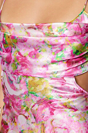 Kadın Moda Şık Midi Boy Degaje Yaka Regular Çiçek Desenli Dokuma Saten Şık Abiye Elbise