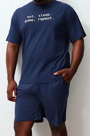 Büyük Beden Erkek Bisiklet Yaka Kısa Kol Regular Fit Rahat Slogan Baskılı Örme Şortlu Pijama Takımı