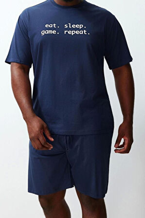 Büyük Beden Erkek Bisiklet Yaka Kısa Kol Regular Fit Rahat Slogan Baskılı Örme Şortlu Pijama Takımı