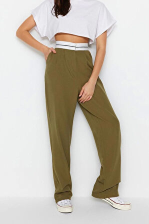 Kadın Yeni Moda Boru Paça Regular Boy Dokuma Wide Leg Geniş Paça Yüksek Bel Kemer Detaylı Pantolon