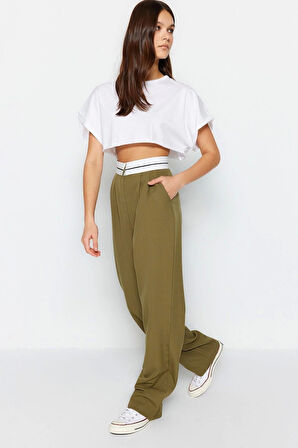 Kadın Yeni Moda Boru Paça Regular Boy Dokuma Wide Leg Geniş Paça Yüksek Bel Kemer Detaylı Pantolon