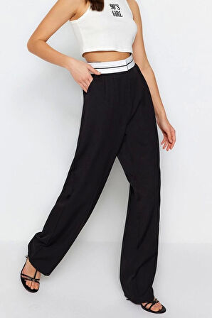 Kadın Yeni Moda Boru Paça Regular Boy Dokuma Wide Leg Geniş Paça Yüksek Bel Kemer Detaylı Pantolon