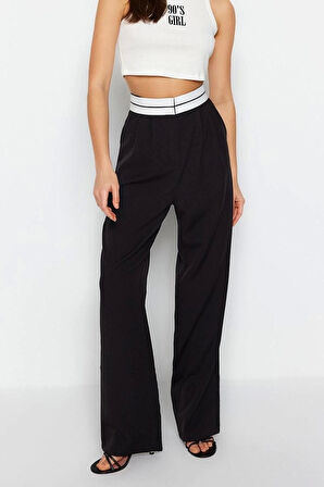 Kadın Yeni Moda Boru Paça Regular Boy Dokuma Wide Leg Geniş Paça Yüksek Bel Kemer Detaylı Pantolon