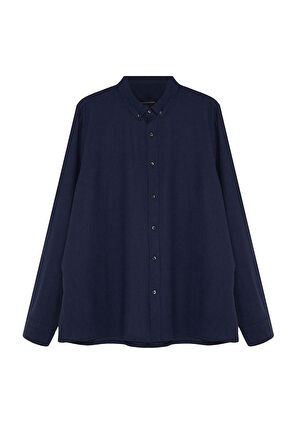 Erkek Moda Büyük Beden Uzun Kol Dokuma Büyük Beden Lacivert Regular Fit Rahat Düğmeli Yaka Gömlek