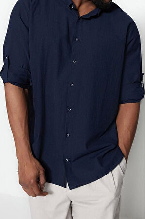 Erkek Moda Büyük Beden Uzun Kol Dokuma Büyük Beden Lacivert Regular Fit Rahat Düğmeli Yaka Gömlek