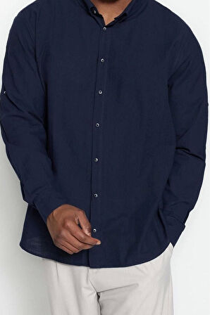 Erkek Moda Büyük Beden Uzun Kol Dokuma Büyük Beden Lacivert Regular Fit Rahat Düğmeli Yaka Gömlek