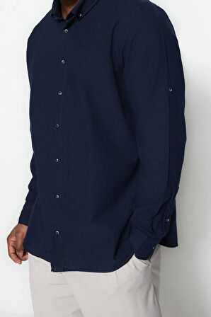 Erkek Moda Büyük Beden Uzun Kol Dokuma Büyük Beden Lacivert Regular Fit Rahat Düğmeli Yaka Gömlek