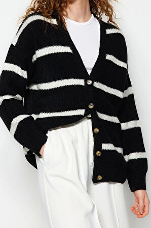 Kadın Moda Şık Midi V Yaka Oversize Geniş Kalıp Yumuşak Dokulu Çizgili Triko Hırka