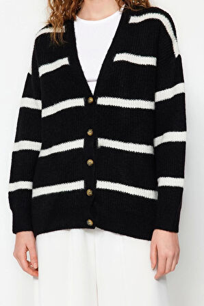 Kadın Moda Şık Midi V Yaka Oversize Geniş Kalıp Yumuşak Dokulu Çizgili Triko Hırka