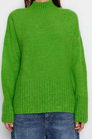 Kadın Moda Şık Dik Yaka Reglan Kol Regular Geniş Kalıp Yumuşak Dokulu Basic Triko Kazak