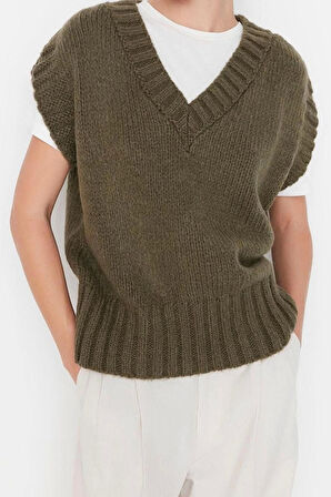 Kadın Moda Şık Crop V Yaka Kolsuz Düz Crop Yumuşak Dokulu Triko Süveter