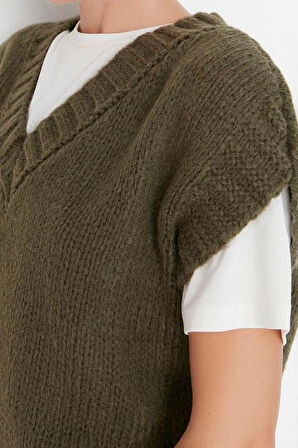 Kadın Moda Şık Crop V Yaka Kolsuz Düz Crop Yumuşak Dokulu Triko Süveter