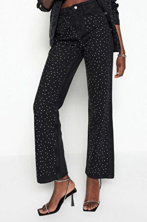 Kadın Moda Şık Kot Pantolon Geniş Paça Regular Boy Denim Taşlı Yüksek Bel Jeans