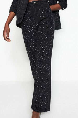 Kadın Moda Şık Kot Pantolon Geniş Paça Regular Boy Denim Taşlı Yüksek Bel Jeans