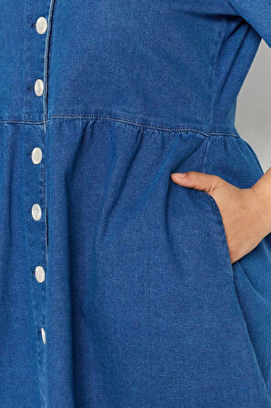 Yeni Rahat Casual Günlük Comfort Denim V Yaka Kısa Kol A-Line Mini Boy Büyük Beden Elbise