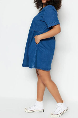 Yeni Rahat Casual Günlük Comfort Denim V Yaka Kısa Kol A-Line Mini Boy Büyük Beden Elbise