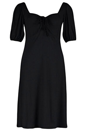 Kadın Moda Şık Büyük Beden Midi Boy Kalp Yaka Relaxed Örme Elbise