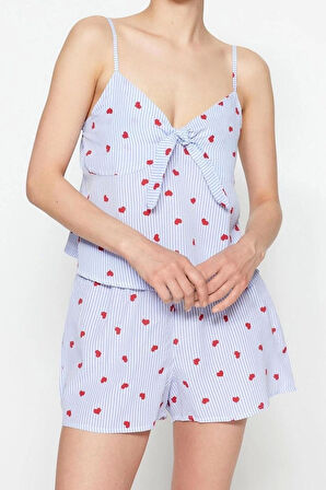 Kadın Polyester V Yaka Askılı Kol Çizgili Kalp Desenli İp Askılı Poplin Dokuma Pijama Takımı