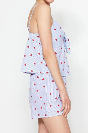 Kadın Polyester V Yaka Askılı Kol Çizgili Kalp Desenli İp Askılı Poplin Dokuma Pijama Takımı