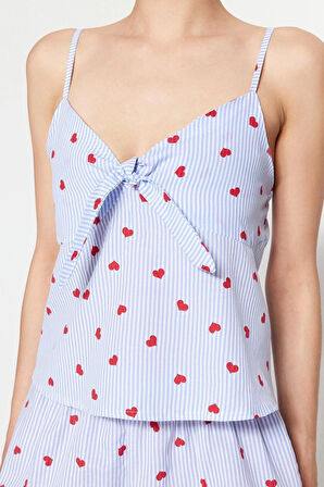 Kadın Polyester V Yaka Askılı Kol Çizgili Kalp Desenli İp Askılı Poplin Dokuma Pijama Takımı