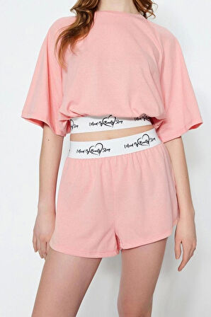 Kadın Pamuklu Bisiklet Yaka Kısa Kol Pamuklu Lastik Detaylı T-shirt-Şort Örme Pijama Takımı