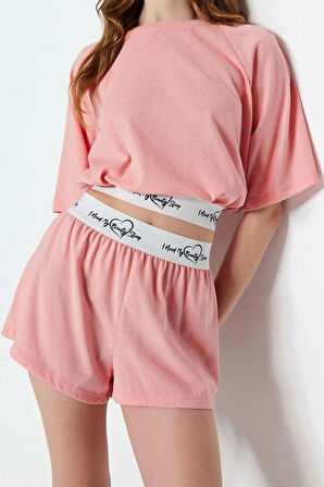 Kadın Pamuklu Bisiklet Yaka Kısa Kol Pamuklu Lastik Detaylı T-shirt-Şort Örme Pijama Takımı