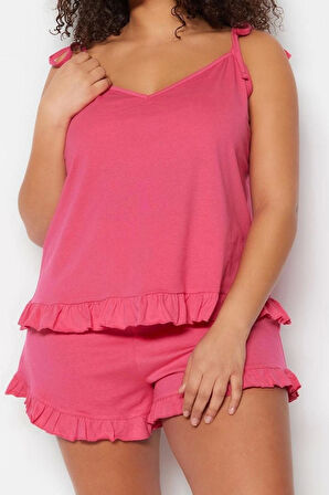 Büyük Beden Kadın Pamuklu V Yaka Askılı Kol Askılı Örme Fırfır Detaylı Pijama Takımı