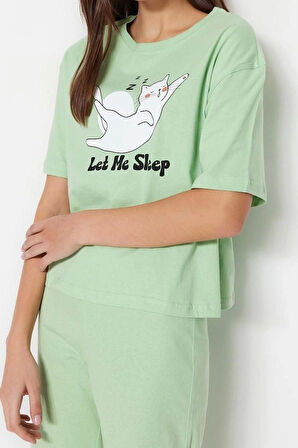 Kadın Bisiklet Yaka Kısa Kol Pamuklu Kiraz Baskılı T-shirt-Pantolon Örme Pijama Takımı