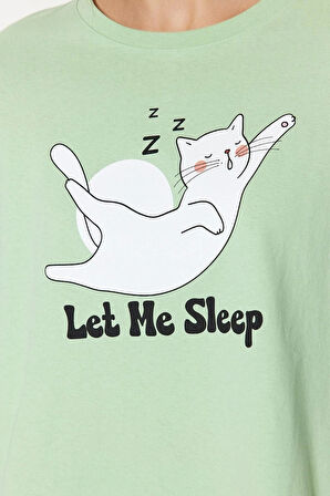 Kadın Bisiklet Yaka Kısa Kol Pamuklu Kiraz Baskılı T-shirt-Pantolon Örme Pijama Takımı