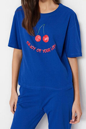 Kadın Bisiklet Yaka Kısa Kol Pamuklu Kiraz Baskılı T-shirt-Pantolon Örme Pijama Takımı