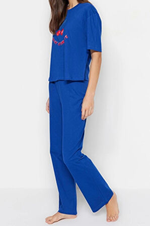 Kadın Bisiklet Yaka Kısa Kol Pamuklu Kiraz Baskılı T-shirt-Pantolon Örme Pijama Takımı