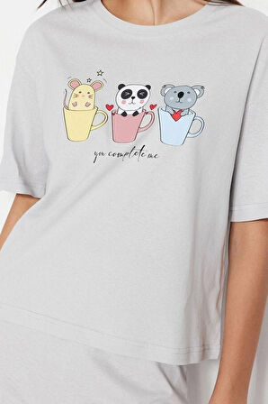 Kadın Bisiklet Yaka Kısa Kol Pamuklu Kiraz Baskılı T-shirt-Pantolon Örme Pijama Takımı