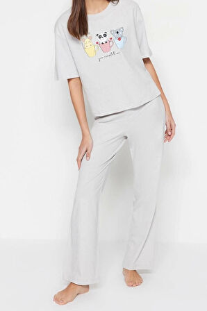 Kadın Bisiklet Yaka Kısa Kol Pamuklu Kiraz Baskılı T-shirt-Pantolon Örme Pijama Takımı