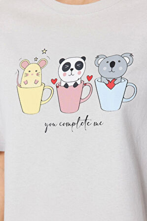 Kadın Bisiklet Yaka Kısa Kol Pamuklu Kiraz Baskılı T-shirt-Pantolon Örme Pijama Takımı
