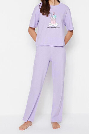 Kadın Bisiklet Yaka Kısa Kol Pamuklu Kiraz Baskılı T-shirt-Pantolon Örme Pijama Takımı