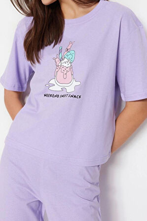 Kadın Bisiklet Yaka Kısa Kol Pamuklu Kiraz Baskılı T-shirt-Pantolon Örme Pijama Takımı