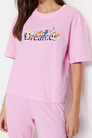Kadın Bisiklet Yaka Kısa Kol Pamuklu Kiraz Baskılı T-shirt-Pantolon Örme Pijama Takımı