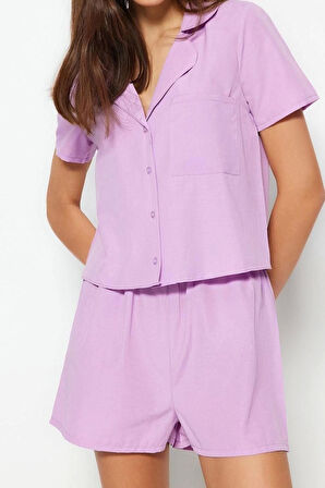 Kadın Polyester Gömlek Yaka Kısa Kol Mavi Terrycotton Gömlek-Şort Dokuma Pijama Takımı