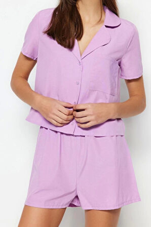 Kadın Polyester Gömlek Yaka Kısa Kol Mavi Terrycotton Gömlek-Şort Dokuma Pijama Takımı
