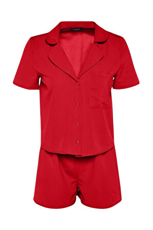 Kadın Moda Şık Gömlek Yaka Boru Paça Uzun Kol Terrycotton Gömlek-Şort Dokuma Pijama Takımı