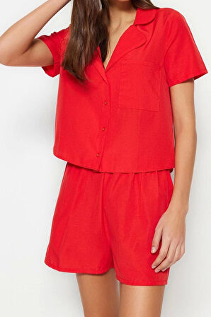 Kadın Moda Şık Gömlek Yaka Boru Paça Uzun Kol Terrycotton Gömlek-Şort Dokuma Pijama Takımı