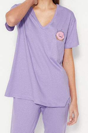 Kadın %100 Pamuk V Yaka Kısa Kol Cep Baskılı Geniş Kalıp Tshirt-Pantolon Örme Pijama Takımı
