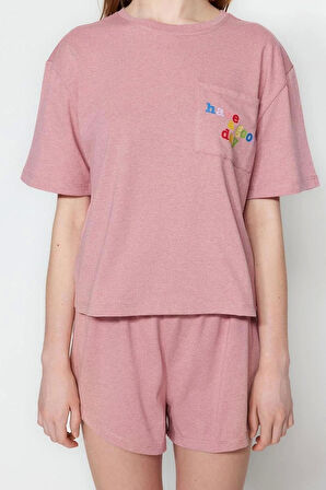 Kadın %100 Pamuk Bisiklet Yaka Kısa Kol 100% Pamuk Slogan Baskılı T-shirt-Şort Örme Pijama Takımı