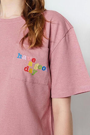 Kadın %100 Pamuk Bisiklet Yaka Kısa Kol 100% Pamuk Slogan Baskılı T-shirt-Şort Örme Pijama Takımı