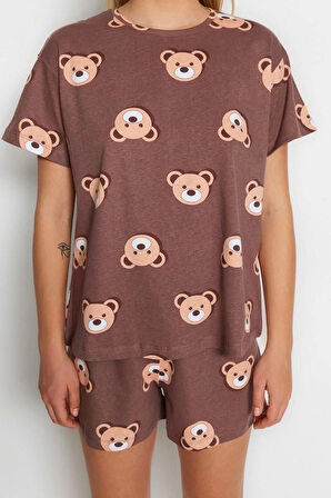 Kadın %100 Pamuk Bisiklet Yaka Kısa Kol %100 Pamuk Ayıcık Desenli T-shirt-Şort Örme Pijama Takımı