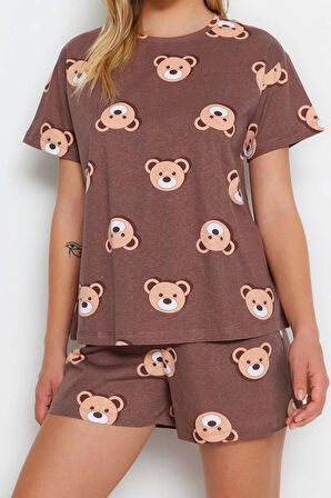 Kadın %100 Pamuk Bisiklet Yaka Kısa Kol %100 Pamuk Ayıcık Desenli T-shirt-Şort Örme Pijama Takımı