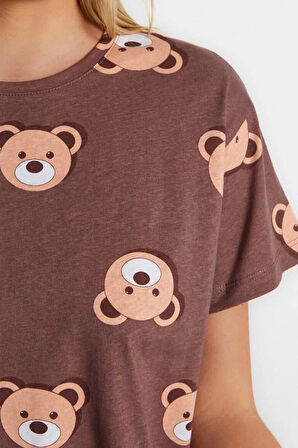 Kadın %100 Pamuk Bisiklet Yaka Kısa Kol %100 Pamuk Ayıcık Desenli T-shirt-Şort Örme Pijama Takımı