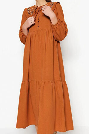 Yeni Regular Casual Günlük Keten Görünümlü Dokuma Bebe Yaka Uzun Kol Basic Maxi Boy Tesettür Elbise